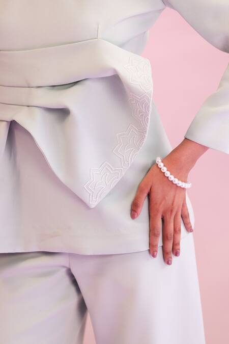 Orthodox Green Banana Crepe Aari High Neck Petal Bow Drape Detailed Top at Aza Fashions Orthodox_Green Banana Crepe Aari High Neck Petal Bow Drape Detailed Top _at_Aza_Fashions