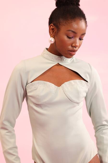 Orthodox Green Banana Crepe Aari High Neck Bodysuit Online at Aza Fashions Orthodox_Green Banana Crepe Aari High Neck Bodysuit _Online_at_Aza_Fashions