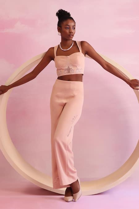 Shop Orthodox Peach Banana Crepe Aari Sweetheart Arboreal Whisper Mesh Detailed Bustier Online at Aza Fashions Shop_Orthodox_Peach Banana Crepe Aari Sweetheart Arboreal Whisper Mesh Detailed Bustier _Online_at_Aza_Fashions