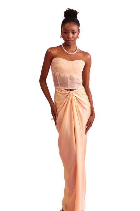 Orthodox_Peach Banana Crepe Pearl Sweetheart Blossom Edge Detailed Corset _Online_at_Aza_Fashions