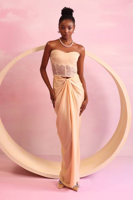 Buy_Orthodox_Peach Banana Crepe Pearl Sweetheart Blossom Edge Detailed Corset _Online_at_Aza_Fashions