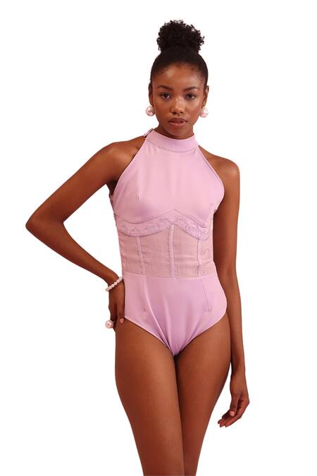 Orthodox_Pink Banana Crepe Aari Halter Neck Designer Bodysuit _Online_at_Aza_Fashions