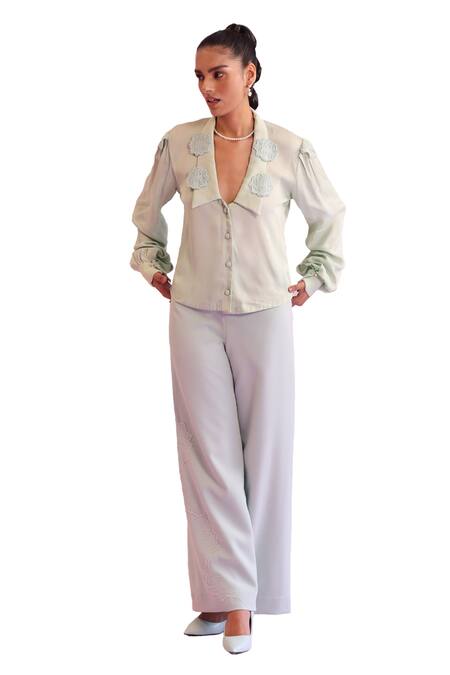 Orthodox_Green Satin Silk Tree Leaf Collared Reverie Chelsea Embellished Shirt _Online_at_Aza_Fashions