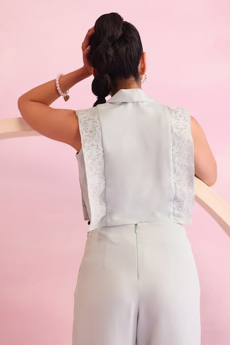 Shop Orthodox Green Banana Crepe Embellished Tree Leaf Notched Lapel Mystic Mesh Vest at Aza Fashions Shop_Orthodox_Green Banana Crepe Embellished Tree Leaf Notched Lapel Mystic Mesh Vest _at_Aza_Fashions