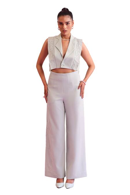 Orthodox Green Banana Crepe Embellished Tree Leaf Notched Lapel Mystic Mesh Vest Online at Aza Fashions Orthodox_Green Banana Crepe Embellished Tree Leaf Notched Lapel Mystic Mesh Vest _Online_at_Aza_Fashions