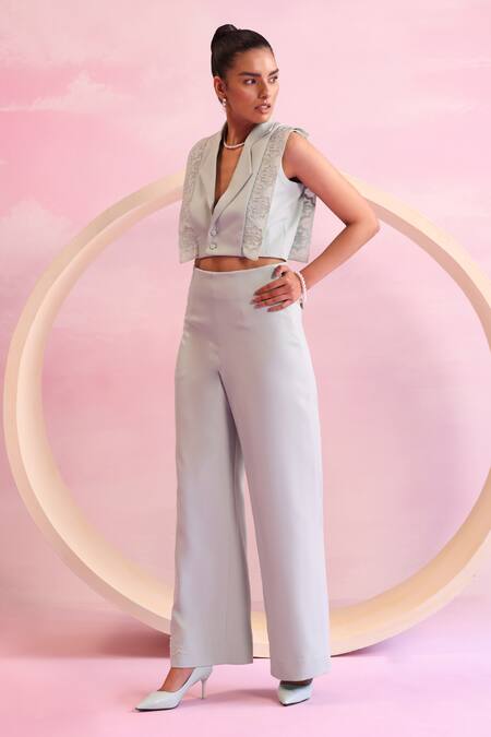 Buy Orthodox Green Banana Crepe Embellished Tree Leaf Notched Lapel Mystic Mesh Vest Online at Aza Fashions Buy_Orthodox_Green Banana Crepe Embellished Tree Leaf Notched Lapel Mystic Mesh Vest _Online_at_Aza_Fashions