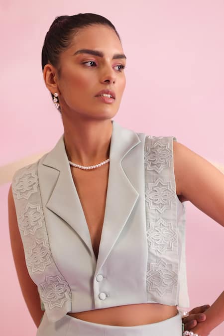 Orthodox Green Banana Crepe Embellished Tree Leaf Notched Lapel Mystic Mesh Vest at Aza Fashions Orthodox_Green Banana Crepe Embellished Tree Leaf Notched Lapel Mystic Mesh Vest _at_Aza_Fashions