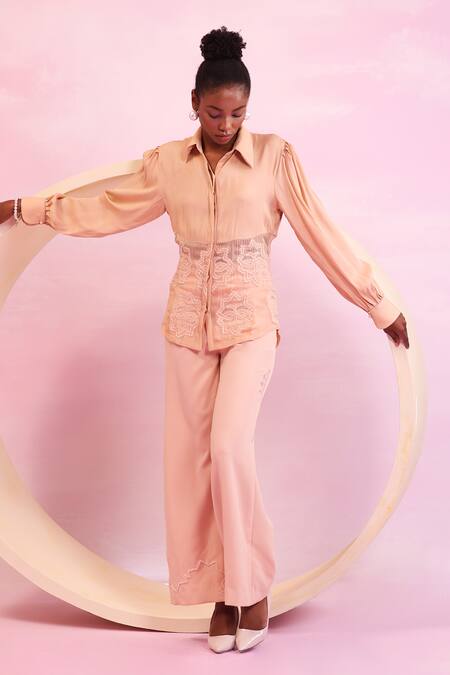 Orthodox Peach Satin Aari Collared Luminous Canopy Mesh Hem Shirt Online at Aza Fashions Orthodox_Peach Satin Aari Collared Luminous Canopy Mesh Hem Shirt _Online_at_Aza_Fashions