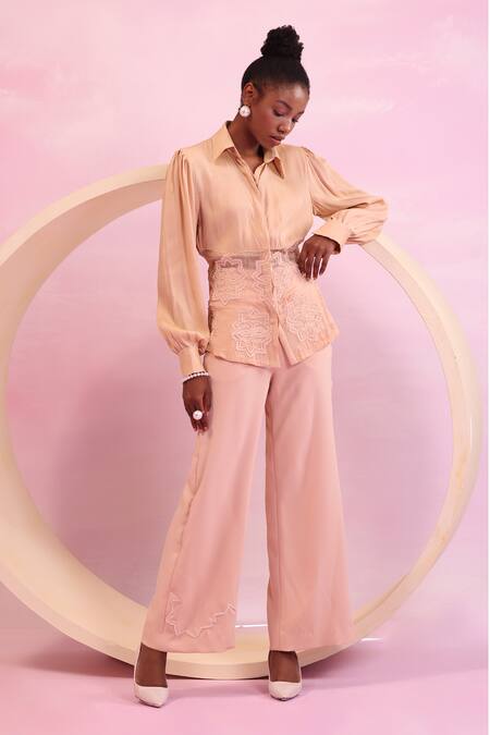 Buy Orthodox Peach Satin Aari Collared Luminous Canopy Mesh Hem Shirt Online at Aza Fashions Buy_Orthodox_Peach Satin Aari Collared Luminous Canopy Mesh Hem Shirt _Online_at_Aza_Fashions