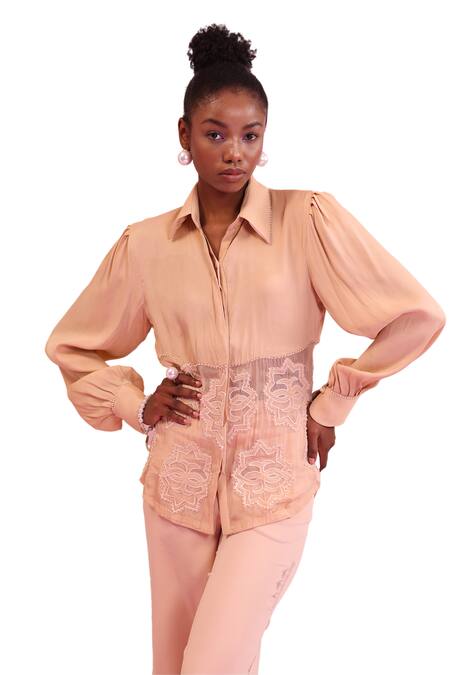 Shop Orthodox Peach Satin Aari Collared Luminous Canopy Mesh Hem Shirt Online at Aza Fashions Shop_Orthodox_Peach Satin Aari Collared Luminous Canopy Mesh Hem Shirt _Online_at_Aza_Fashions