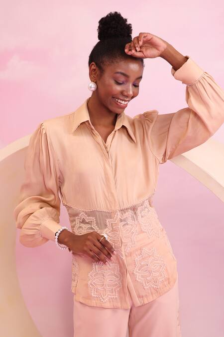 Orthodox Peach Satin Aari Collared Luminous Canopy Mesh Hem Shirt at Aza Fashions Orthodox_Peach Satin Aari Collared Luminous Canopy Mesh Hem Shirt _at_Aza_Fashions