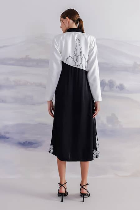 Shop_Orthodox_Black Crepe, Satin Embroidery Collared Alexandria Asymmetric Dress _at_Aza_Fashions