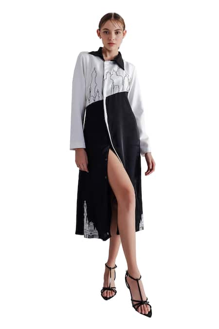 Orthodox_Black Crepe, Satin Embroidery Collared Alexandria Asymmetric Dress _Online_at_Aza_Fashions