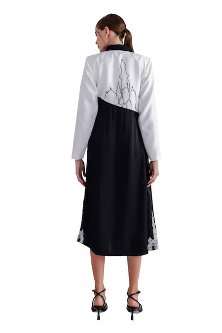 Buy_Orthodox_Black Crepe, Satin Embroidery Collared Alexandria Asymmetric Dress _Online_at_Aza_Fashions