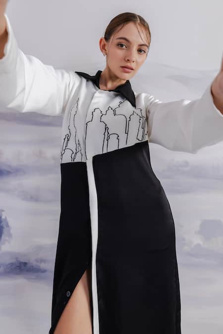 Shop_Orthodox_Black Crepe, Satin Embroidery Collared Alexandria Asymmetric Dress _Online_at_Aza_Fashions