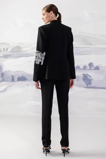 Shop_Orthodox_Black Crepe Embroidery Architectural Blazer _at_Aza_Fashions