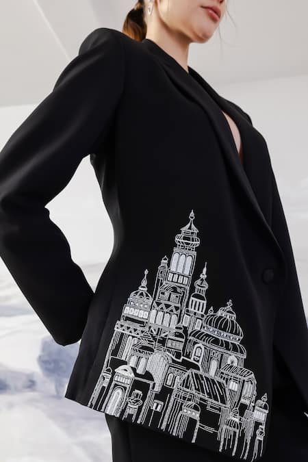 Orthodox_Black Crepe Embroidery Architectural Blazer _Online_at_Aza_Fashions