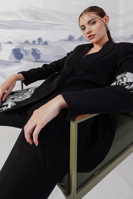 Orthodox_Black Crepe Embroidery Architectural Blazer _at_Aza_Fashions