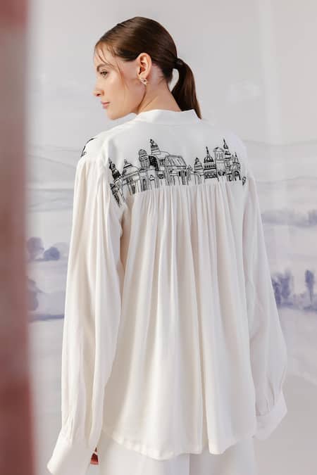 Shop_Orthodox_White Crepe Embroidery Mandarin Collar Aari Yoke Gathered Shirt _at_Aza_Fashions