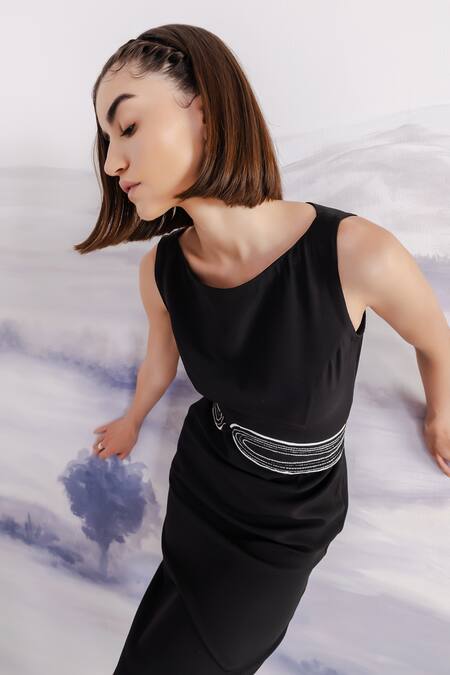 Orthodox_Black Crepe Embroidery Aari Boat Neck Waistband Dress _at_Aza_Fashions