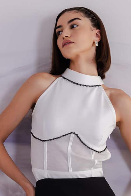 Shop_Orthodox_Black Banana Crepe Plain Halter Neck And White Corset Bodysuit _at_Aza_Fashions