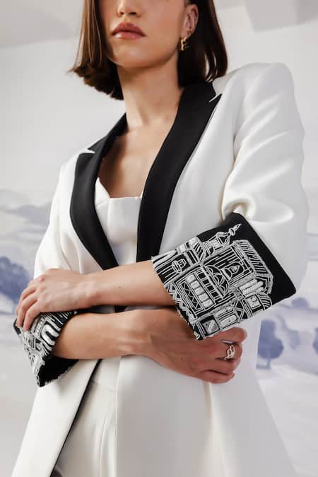 Orthodox_Black Crepe Embroidery Colorblock Sleeve Blazer _Online_at_Aza_Fashions