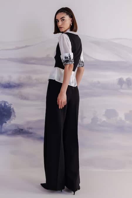 Shop_Orthodox_White Satin Embroidery Collared Aari Cuff Shirt _at_Aza_Fashions