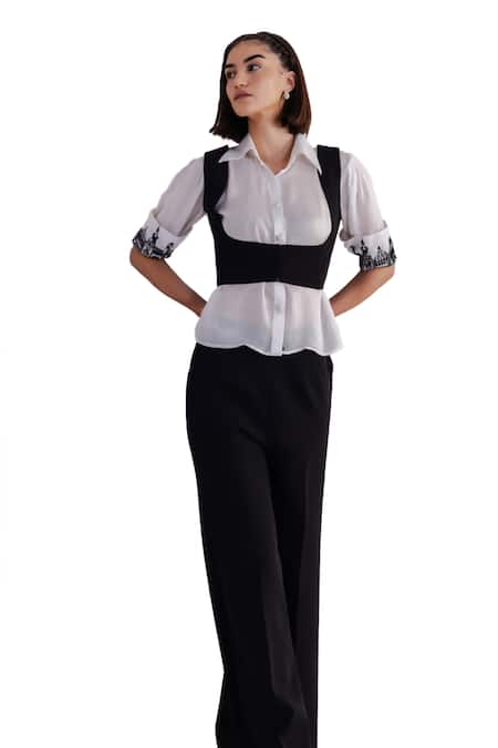 Orthodox_White Satin Embroidery Collared Aari Cuff Shirt _Online_at_Aza_Fashions