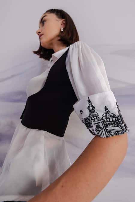 Shop_Orthodox_White Satin Embroidery Collared Aari Cuff Shirt _Online_at_Aza_Fashions