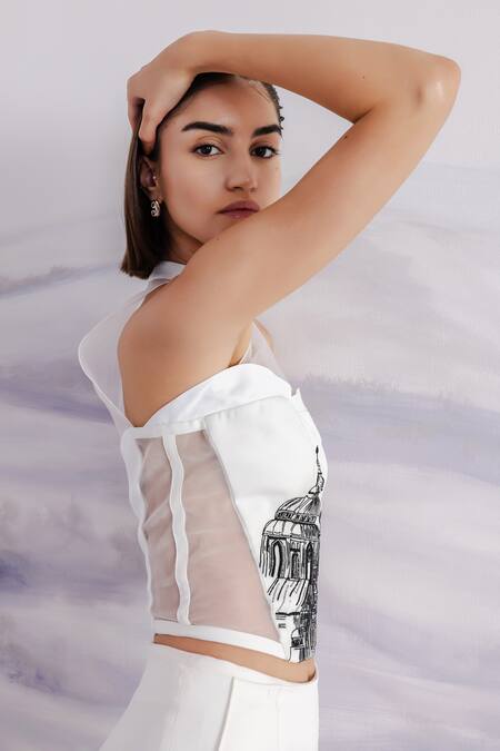 Shop Orthodox White Banana Crepe Embroidered Sequin Halter Neck Corset Online at Aza Fashions Shop_Orthodox_White Banana Crepe Embroidered Sequin Halter Neck Corset _Online_at_Aza_Fashions