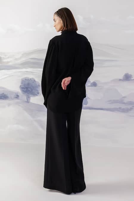 Shop Orthodox Black Crepe Embroidery Collared Architectural Motif Shirt at Aza Fashions Shop_Orthodox_Black Crepe Embroidery Collared Architectural Motif Shirt _at_Aza_Fashions