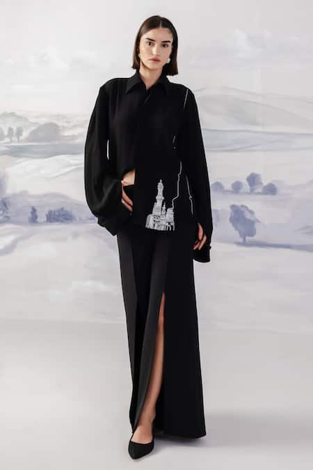 Buy Orthodox Black Crepe Embroidery Collared Architectural Motif Shirt Online at Aza Fashions Buy_Orthodox_Black Crepe Embroidery Collared Architectural Motif Shirt _Online_at_Aza_Fashions