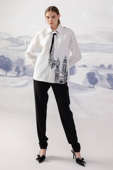 Shop_Orthodox_White Crepe Embroidery Collared Motif Shirt _at_Aza_Fashions