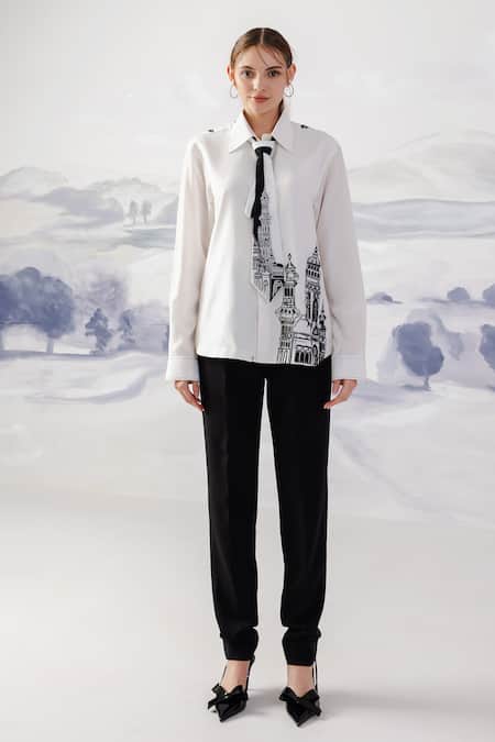 Orthodox_White Crepe Embroidery Collared Motif Shirt _Online_at_Aza_Fashions