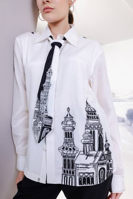 Buy_Orthodox_White Crepe Embroidery Collared Motif Shirt _Online_at_Aza_Fashions