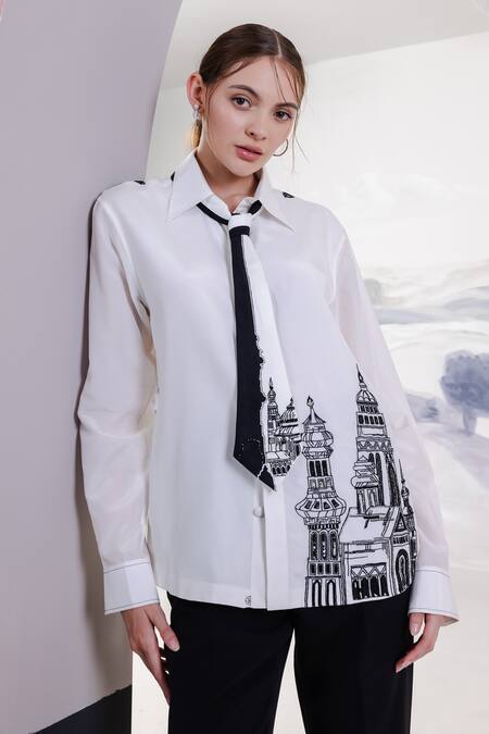 Shop_Orthodox_White Crepe Embroidery Collared Motif Shirt _Online_at_Aza_Fashions