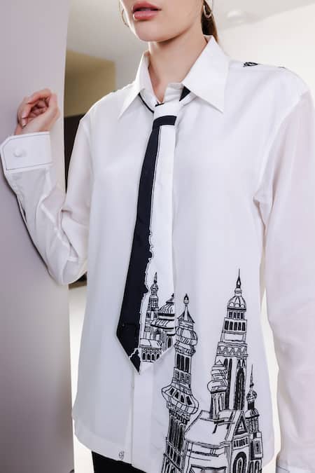 Orthodox_White Crepe Embroidery Collared Motif Shirt _at_Aza_Fashions