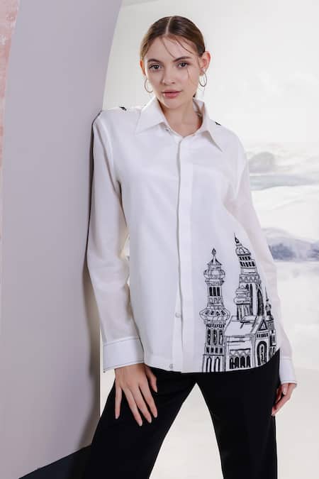 Buy_Orthodox_White Crepe Embroidery Collared Motif Shirt 