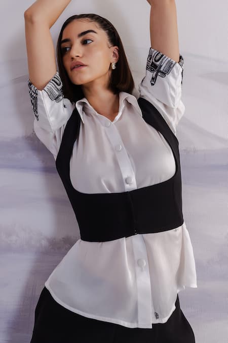 Orthodox_White Satin Embroidered Thread Collared Cuff Sleeve Shirt _Online_at_Aza_Fashions