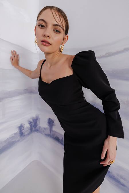 Orthodox Black Banana Crepe Sweetherat Solid Short One-sleeve Dress Online at Aza Fashions Orthodox_Black Banana Crepe Sweetherat Solid Short One-sleeve Dress _Online_at_Aza_Fashions
