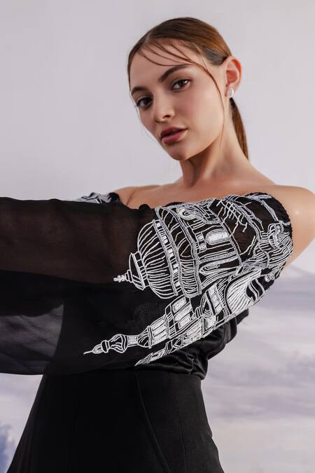 Orthodox_Black Embroidery Off-shoulder Sleeve Top _Online_at_Aza_Fashions
