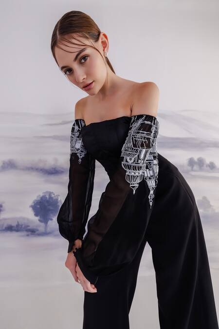 Buy_Orthodox_Black Embroidery Off-shoulder Sleeve Top _Online_at_Aza_Fashions