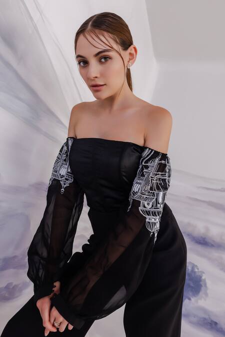 Shop_Orthodox_Black Embroidery Off-shoulder Sleeve Top _Online_at_Aza_Fashions