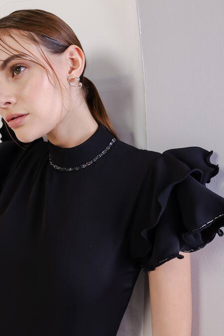Orthodox Black Crepe Beads High Neck Ruffled Sleeve Embellished Top at Aza Fashions Orthodox_Black Crepe Beads High Neck Ruffled Sleeve Embellished Top _at_Aza_Fashions