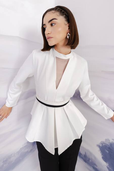 Orthodox_White Crepe High Neck Peplum Top _Online_at_Aza_Fashions