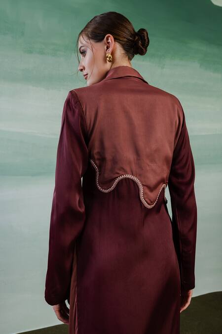 Shop Orthodox Wine Satin Embroidery Collared Romanesque Eleganza Dress at Aza Fashions Shop_Orthodox_Wine Satin Embroidery Collared Romanesque Eleganza Dress _at_Aza_Fashions