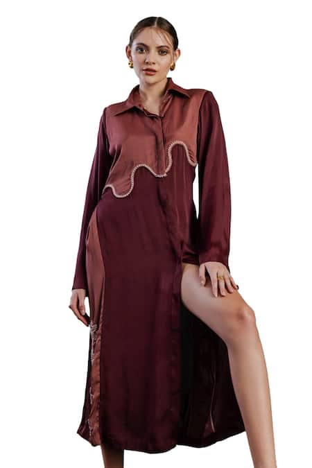 Buy Orthodox Wine Satin Embroidery Collared Romanesque Eleganza Dress Online at Aza Fashions Buy_Orthodox_Wine Satin Embroidery Collared Romanesque Eleganza Dress _Online_at_Aza_Fashions