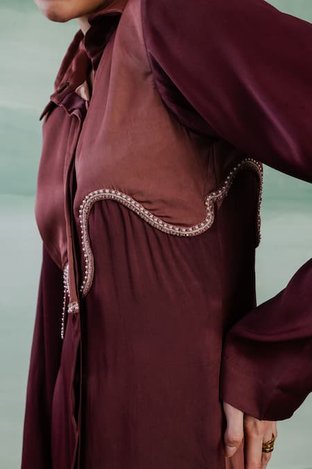 Shop Orthodox Wine Satin Embroidery Collared Romanesque Eleganza Dress Online at Aza Fashions Shop_Orthodox_Wine Satin Embroidery Collared Romanesque Eleganza Dress _Online_at_Aza_Fashions