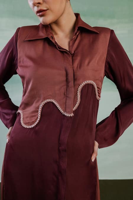 Orthodox Wine Satin Embroidery Collared Romanesque Eleganza Dress at Aza Fashions Orthodox_Wine Satin Embroidery Collared Romanesque Eleganza Dress _at_Aza_Fashions