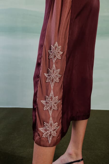 Buy Orthodox Wine Satin Embroidery Collared Romanesque Eleganza Dress Buy_Orthodox_Wine Satin Embroidery Collared Romanesque Eleganza Dress